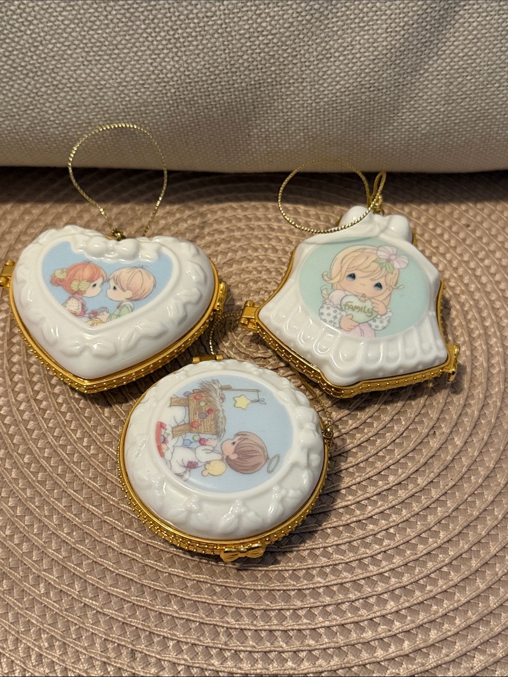 3 Precious Moments Porcelain Trinket Boxes Picture Lockets White with Gold Trim